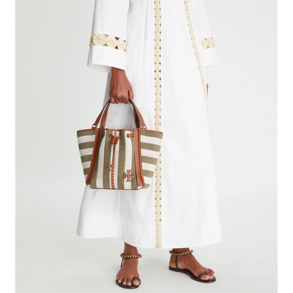 Tory Burch Linen Cotton Twill Leather Striped Dragonfly Bag NWT McGraw Multi - Picture 6 of 6